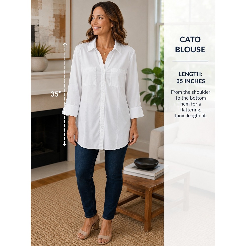Cato's Womens 18/20 White Button Front Tunic Blouse 3/4 Sleeve Cotton Career Top